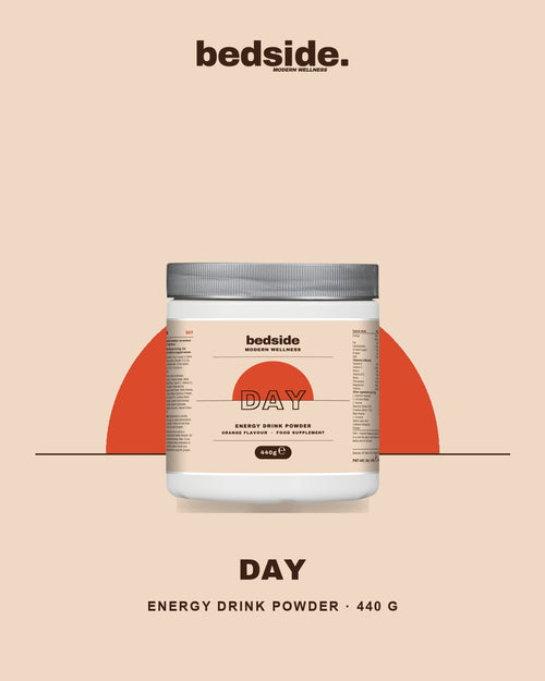 Bedside DAY energy drink powder on its terracotta half-sun