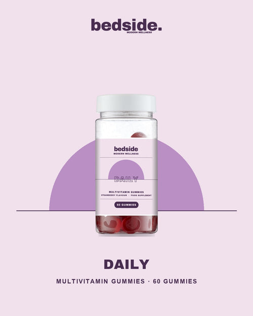 Bedside DAILY multivitamin gummies on their lilac half-sun